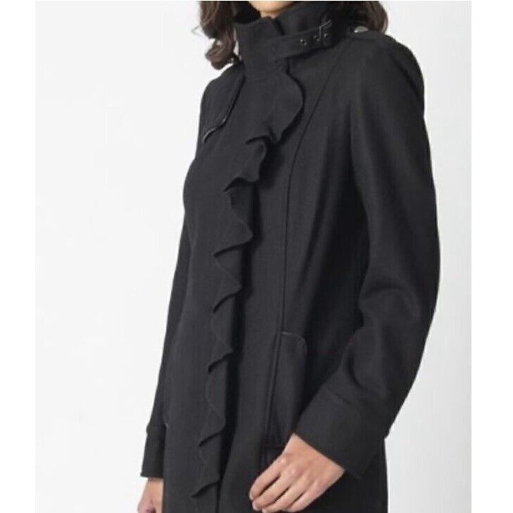 TAHARI~BLACK WOOL RUFFLE SNAP FRONT LEATHER TRIM COAT sz 14